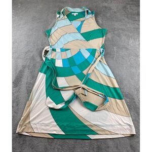 New York & Company Green Blue Geometric Print Sleeveless Wrap Dress - Medium